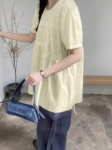 Áo kiểu Hàn Quốc mùa hè 2025, cổ tròn, có dây rút, thêu họa tiết dành cho nữ. - Màu be - Xem 3