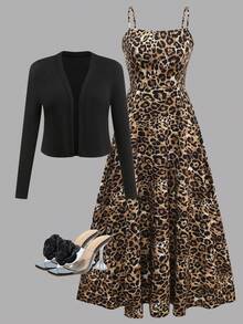 Đầm xòe không tay họa tiết da báo thanh lịch cỡ lớn cho nữ kèm áo khoác lông - Nhiều màu - Xem 8