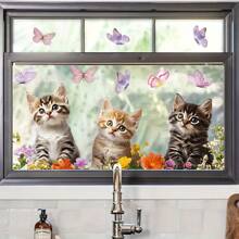 1 pieza Pegatina de ventana con gato de dibujos animados y mariposa, decoración encantadora para la cocina/baño, decoración del hogar, decoración de pared, pegatinas de pared, decoración de la sala de estar