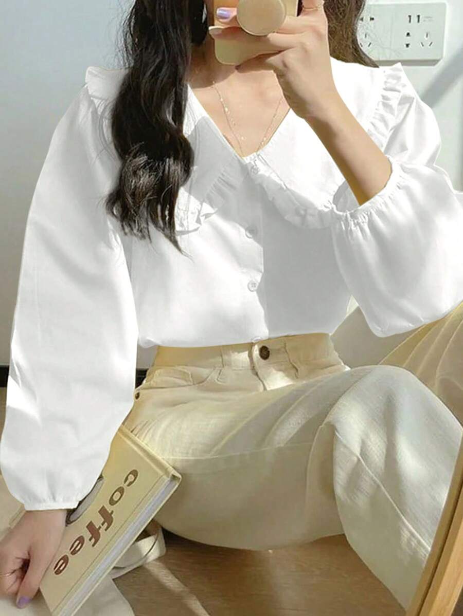 女士休闲优雅翻领衬衫，春夏款 - 白色 - 查看 1