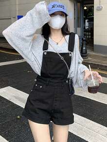 純色休閒拉鍊口袋鈕扣鉚釘裝飾女款牛仔吊褲黑色夏季 - 黑色 - 查看 3