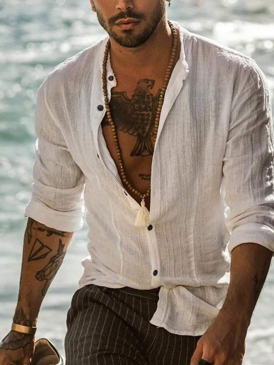 2025 Men's Comfortable Skin-Friendly Minimalist Striped & Solid Color Casual Leisure Vacation Long Sleeve Shirt, Spring/Summer, Fall - Khaki - View 1