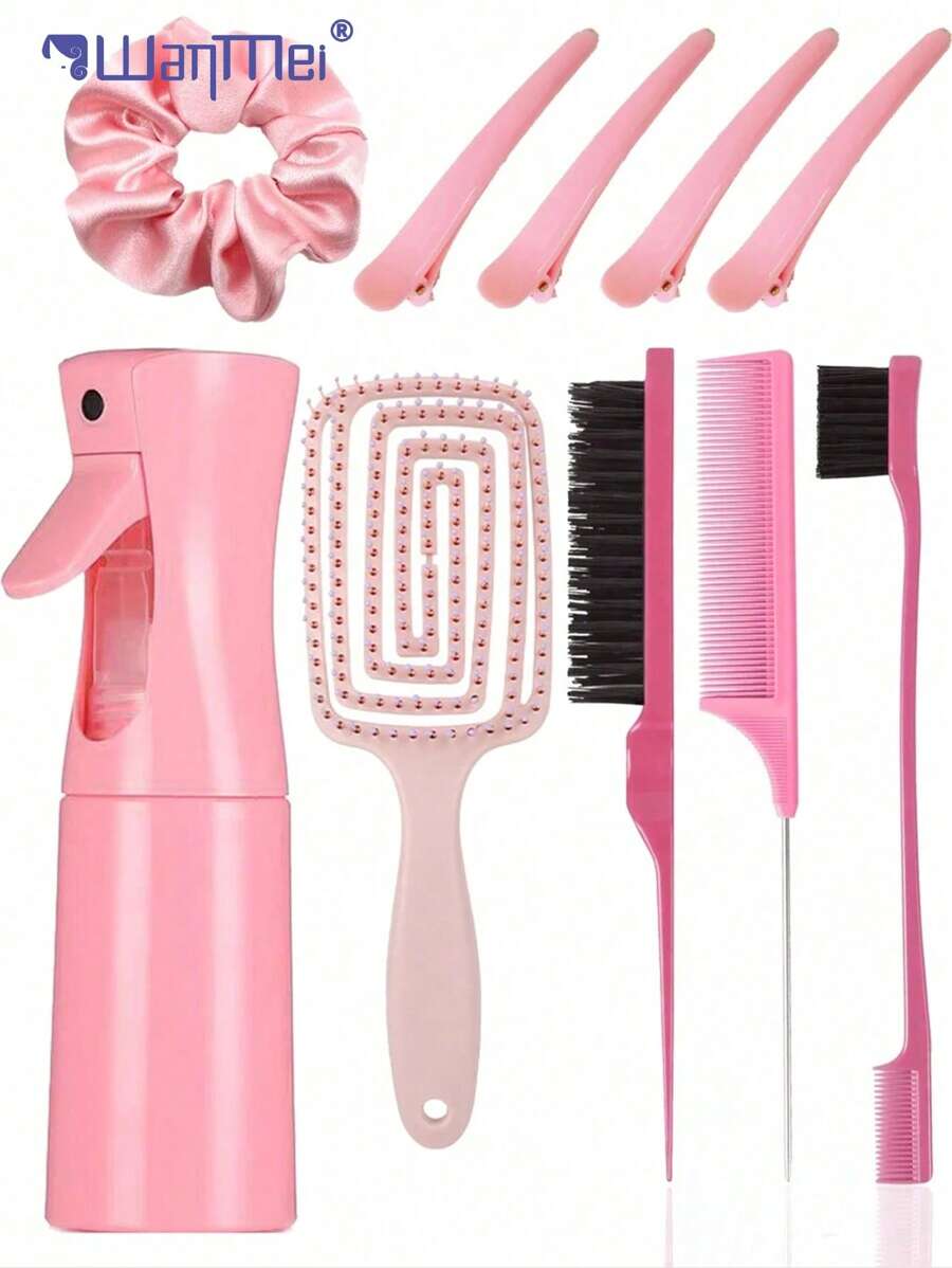 WANMEI 1/10 件发型梳及配件套装 - 包括宽齿弯发梳、200 毫升高压细雾喷雾瓶、3 件发型刷（蓬松刷、边缘控制刷、眉刷和发际线刷）、1 件发髻制作器和 4 件刘海夹 - 多功能美发工具套装，适用于卷发、返校、旅行度假必需品、女士发饰