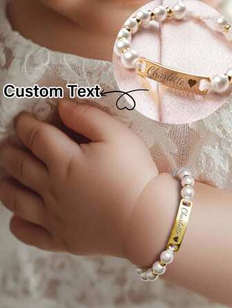 1 pieza Brazalete personalizado de acero inoxidable con perlas falsas y nombre personalizado para niños, pulsera tejida a mano, el mejor regalo para Halloween, Navidad, cumpleaños, multifuncional, ornamental, con letra, elegante, moderno, colorido, lindo, adorable, casual, personalizado, único, regalo ideal para él, niños, noche de gala, viaje, escuela