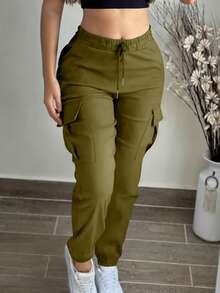 Fashionable Solid Color Casual Pocket Elastic Waist Drawstring Cargo Pants Spring - Olive Green - View 2