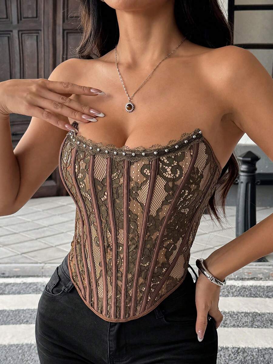 JSE Sexy Elegant Solid & Floral Print Mature Charm - Áo corset hở lưng với viền ren xếp nếp duyên dáng, kiểu dáng ôm sát, cài khuy bấm. - màu nâu - Xem 1