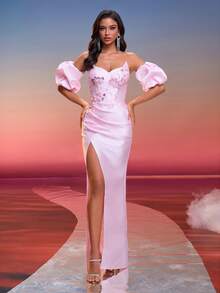 Women's Floral Embellished Off-Shoulder Dress - Pink - View 2