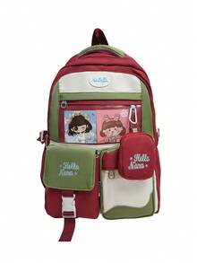 1 新款尼龙材质可爱卡通图案字母刺绣撞色大容量背包，小钱包挂件，多个口袋，可单肩背，时尚有型，日常上学户外旅行百搭款