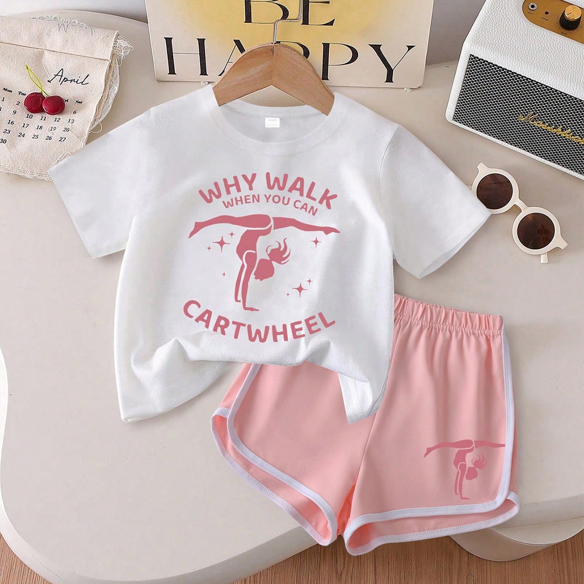 Conjunto de 2 piezas para niñas con estampado de voltereta, deportivo & enérgico, cómodo y transpirable, uso casual diario de verano