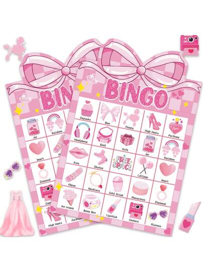 Pink Bow Party Bingo Game Cards, Adults And Children Birthday Party Bingo Cards For 24 Players Princess Doll Bingo Game, Suitable For Family And Friends Large Group Party Birthday Party Bachelor Party Princess Doll Party Favors Holiday Party Decoration Supplies