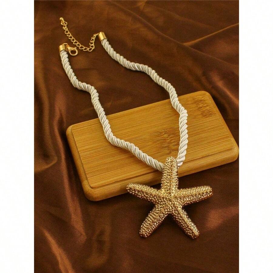 1pc Beach Style Exaggerated Starfish Pendant Chunky Rope Necklace, For Vacation - 1 - View 1