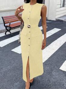 Vestido sin mangas con cuello redondo, decoración de botón delantero y cinturón de cintura, nueva llegada de verano de Seelio para mujer