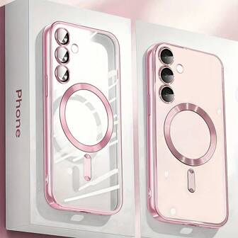 For Galaxy A06 A16 A26 A36 A56 S25 Ultra S24 Ultra S25 FE Magnetic Clear Case, Compatible With Magnetic Attraction, Built-In Camera Lens Protector, Luxury Plating Soft TPU Transparent Shockproof Slim Thin Cover For IPhone 17 16 15 14 13 12 11 Series,17 Pro Max Apple Case,Apple 17 Pro Max Case Magnetic Attraction,Christmas Gifts