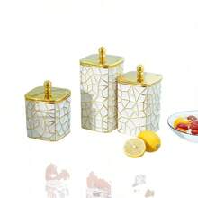 1 件方形裂纹釉白色陶瓷罐带盖，密封储物罐，用于存放谷物、零食、桌面收纳盒，带珍珠手柄 - 彩色 - 查看 9