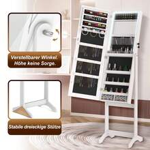 LILIIN Mobiletto portagioie e specchio 2 in 1, con specchio da appoggio, ripiano regolabile per gioielli, 152 x 39,5 x 36,5 cm, con serratura, specchio a figura intera, bianco/nero