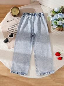 Girls Casual Pink Strawberry & Bear Print Light Blue Straight Leg Jeans - Light Wash - View 3