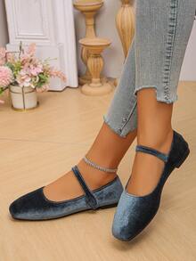 Giày bệt mũi vuông da lộn Cross-Border cỡ lớn EU 35-43, màu be thời trang cho mùa xuân và mùa thu, giày bệt màu xanh lá cây mặc hàng ngày có khóa thích hợp cho trang phục, múa ba lê - Nhung xanh đậm - Xem 5