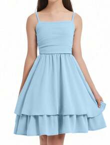 EXARUS Girls Flowy Ruffled Hem/Puff Bubble Dress Teen Ruched Summer Adjustable Spaghetti Strap Casual Cami Mini Dresses - 天藍色 - 查看 2