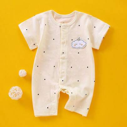 新生儿连体衣，卡通刺绣图案，柔软吸水，夏季连体衣