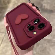1 pieza Funda de teléfono con forma de corazón de color burdeos a la moda, compatible con iPhone 12/13 Pro Max, Honor X7, Galaxy A56 5G, Smart 8, Hot 40i, Spark 20, Spark 20C, Spark Go 2024, Note 14 5G, E22/E22i, A54, diseño minimalista con correa de muñeca, adecuado para uso diario y transporte al aire libre - Vino tinto - Ver 4