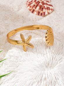 1 pieza Brazalete de acero inoxidable con estrella de mar y concha, elementos marítimos de ultramar, estilo de vacaciones en la playa, apto para uso diario de mujeres