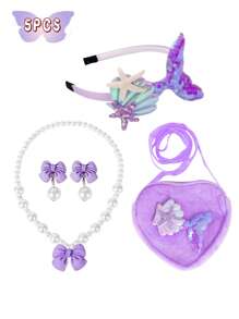 6Large Sequin Cape, Fish Tail Hair Accessory, Fish Tail Bag, Heart Bag, Faux Pearl Necklace, Bowknot Pendant, Mermaid Suit, Very Suitable Sending A Princess Gift Set To A Good Friend, Very Suitable For Dressing Up, Vacation, Daily Collocation, Easter, Halloween, Birthday Party, Christmas Gift, Party, Thanksgiving, Dress.