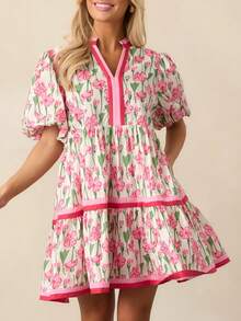 Women Y2K Babydoll Mini Dresses V Neck Puff Sleeve Short Dress Beach Sundress - Hồng - Xem 3