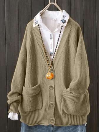 大码V领长袖休闲开衫，纯色，秋冬