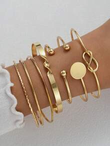 5/6 件复古时尚夸张开口星花扭纹手镯套装，光滑不对称袖口手镯 - 金色 - 查看 13