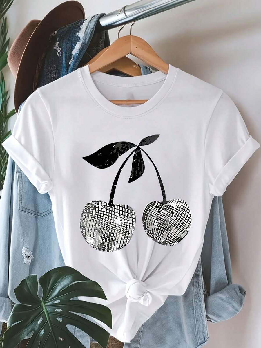 Camiseta casual con estampado , cherry cerezas simulan fragmentos espejos , para mujer manga corta cuello redondo, playera de poliéster, blusas gráficas para mujer - Blanco - Ver 1