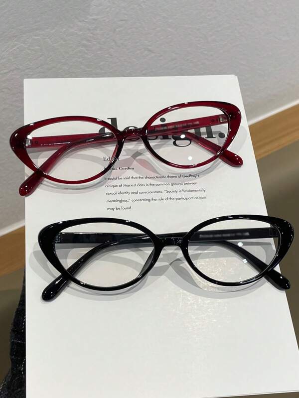 2pcs/Set Women's Multi-Color Cat Eye PC Frame Solid Color Full Frame Rivet Fashion Non-Prescription Glasses