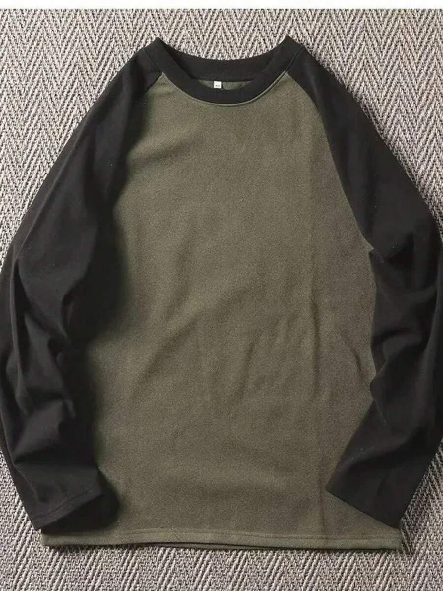 Raglan Long Sleeve T-Shirt 100% Cotton From S To Plus Size G3 - 深綠色/黑色 - 查看 1