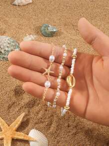 Set di 3 braccialetti pendenti con conchiglia e forma di stella marina, stile bohémien, elegante per uso quotidiano, vacanze estive, feste in spiaggia, regalo ideale per le vacanze (quantità e ordine dei perline random)