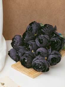 MEHELANY 5/2/1件 20.1英寸人造牡丹花，塑料花茎，复古黑色牡丹人造花，丝绸仿真花束，适合房间装饰、家居桌面花瓶、DIY婚礼、派对中心装饰、万圣节、感恩节、亡灵节仿真花家居装饰 - 黑色 - 查看 3