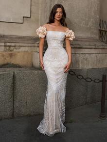 Faeriesty Off-Shoulder Mermaid Gown With Floral Beading, Ruffled Sleeves, Sheer Embroidered Skirt, Perfect For Formal Dinners, Weddings, Bridal Photo Shoots - Apricot - View 2