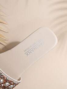 Wide Fit Women Flat Pearl & Rhinestone Decor Square Toe Slip On Slippers, Suitable For Summer - Beige - View 11