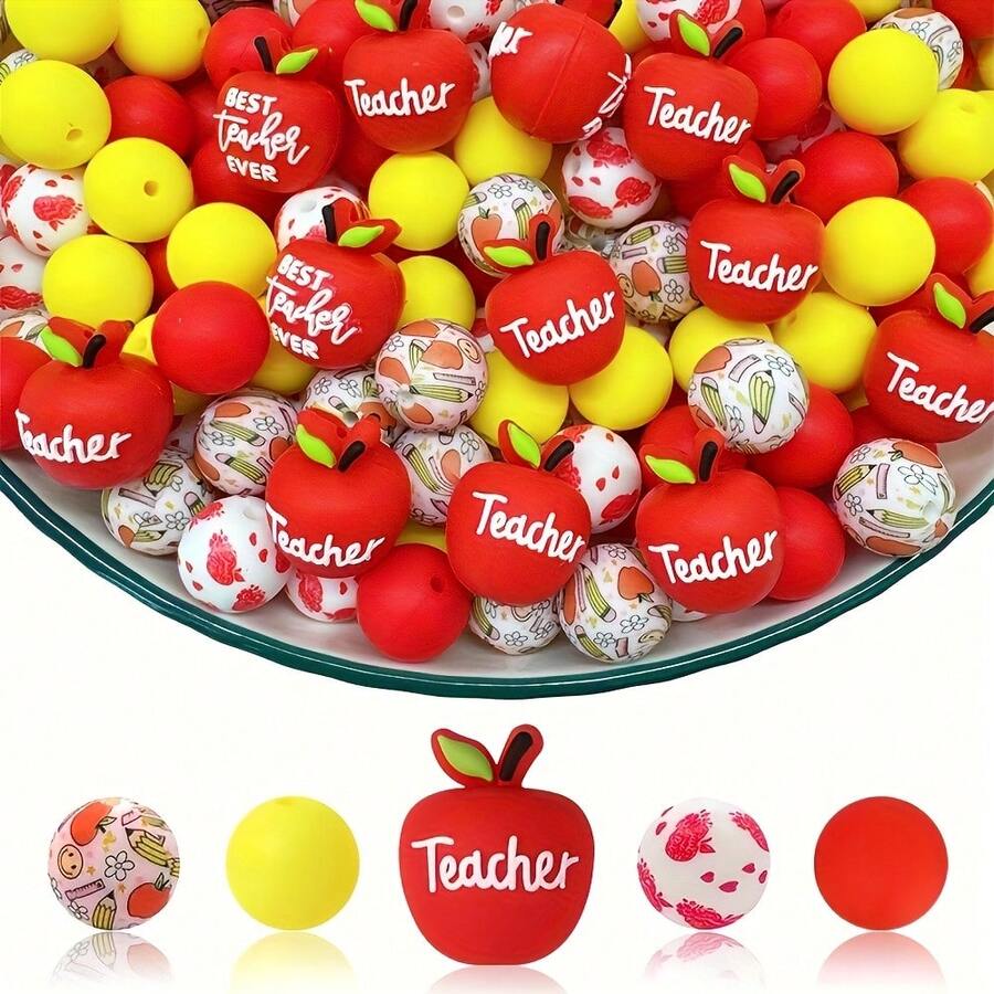 25pcs 15mm Round Silicone Beads, DIY Craft Materials - Teacher's Day And Back To School Gift Set, Suitable For Pens, Necklaces, Key Chains, Birthday, Holiday, Father's Day, Mother's Day Gifts - Campus Series - View 1