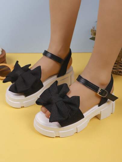 1 Paar Mädchen Sommer Mode Sandalen mit Schleife, süße und dicke Sohle Lässig Schuhe, geeignet für Kinder, Urlaub und Reisen