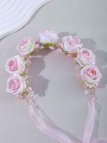 1pc Artificial Flower Colorful Faux Pearl Decorated Cute Floral Headband, Suitable For Wedding, Daily Wear, Travel And Other Occasions Hair Accessory - Pink - View 2