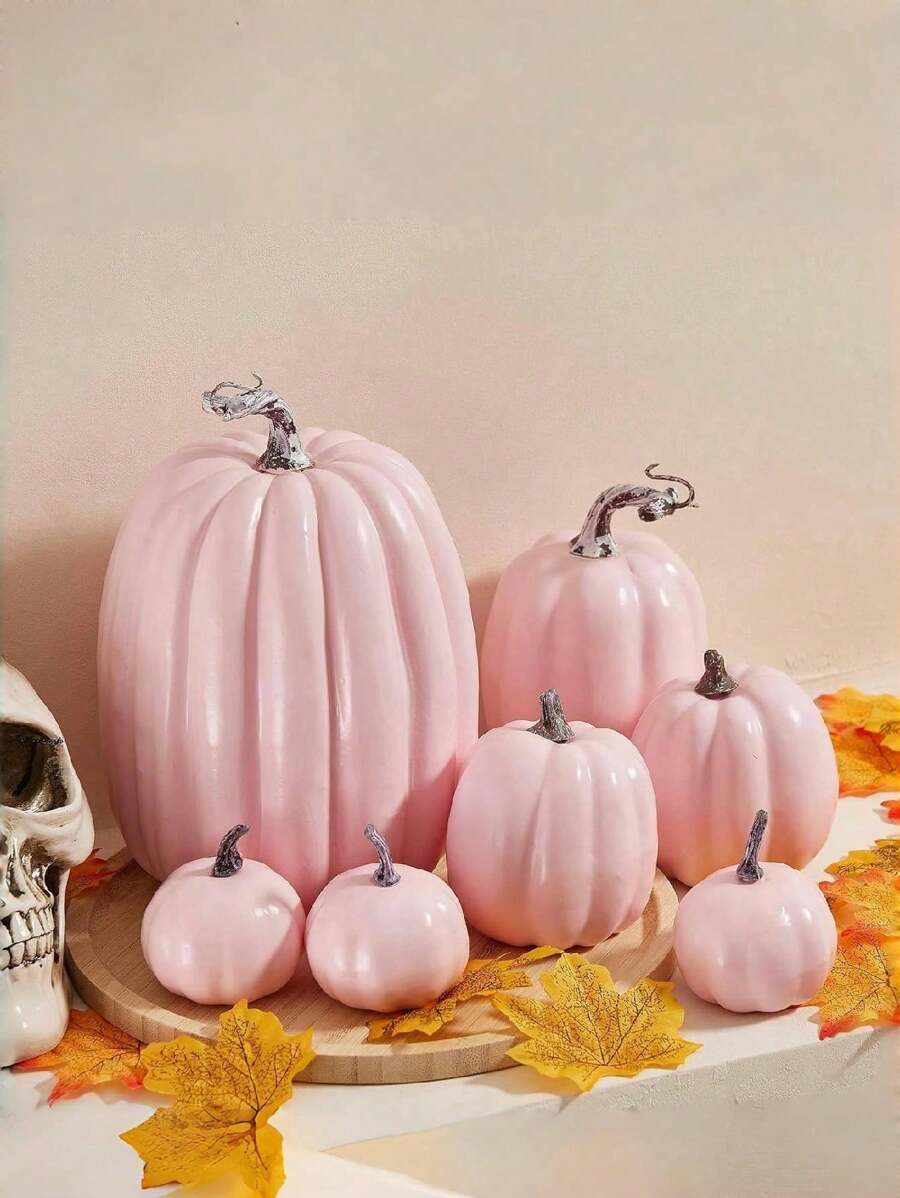 1 套人造南瓜，粉色塑料南瓜，4 种尺寸，适合秋季万圣节、桌面装饰、假南瓜、感恩节、餐桌中心装饰、壁炉架、厨房婚礼朋友赠送派对家居装饰