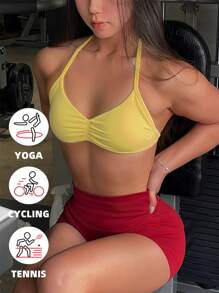 Beliebter Träger-BH für Frauen mit offenem Rücken, Neckholder Sport-BH mit leichter Stützung, nahtloser Gym Crop Top, Scrunch Yoga Gepolsterter BH