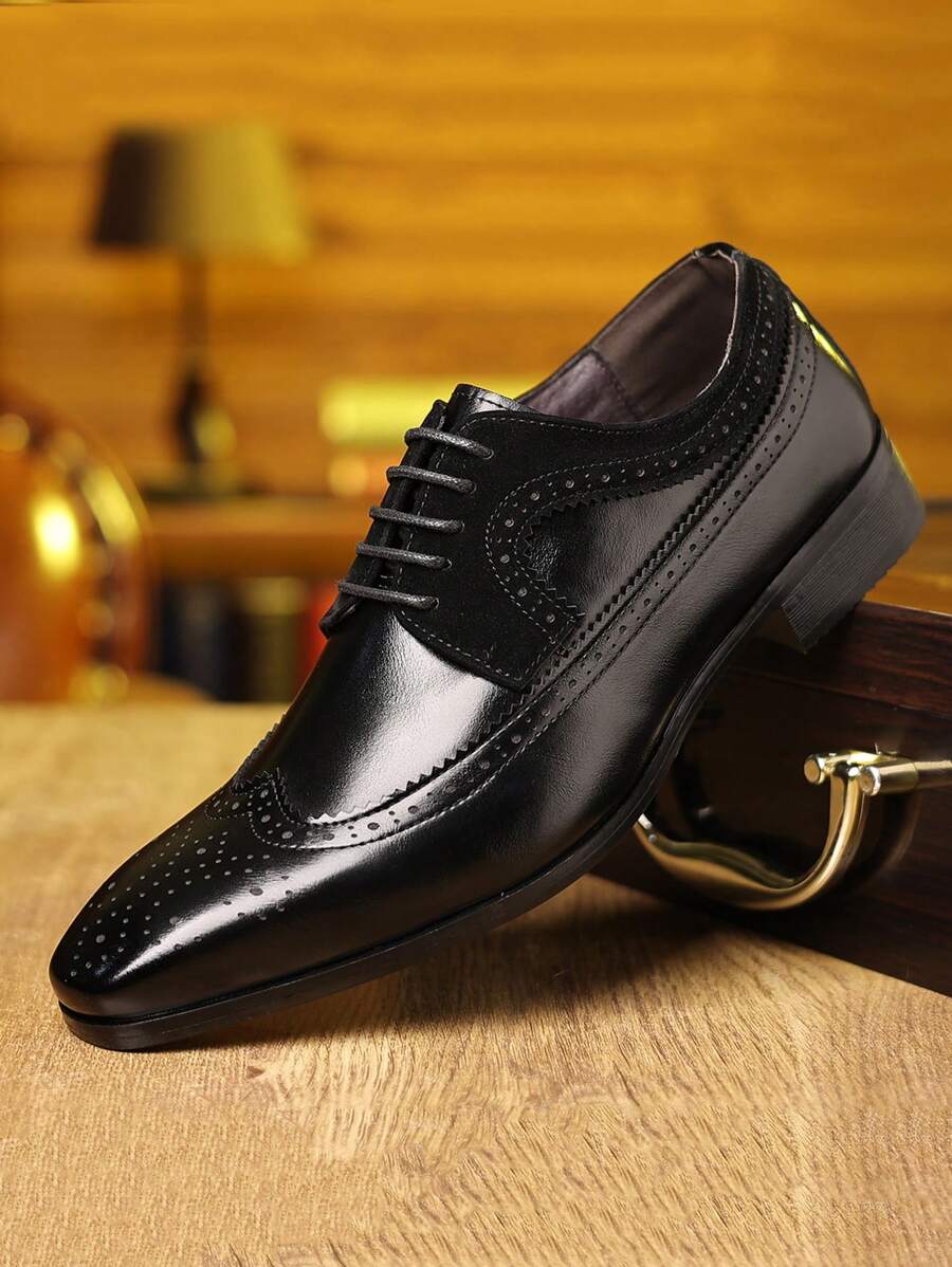 New Carved Brogue Oxford Formal Dress Shoes, Lace-Up Derby Pointed Toe Wedding Shoes For Men, Plus Size