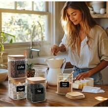 12 Piece Set Of Glass Jars, 4 Glass Jars, 4 Bamboo Lids, 4 Bamboo Spoons, High Borax Glass Jars, 27 Ounces Large Capacity Sealed Storage Jar With Natural Bamboo Spoon |   Storage For Tea, Salt, Sugar, Coffee, Moisture-Proof, Mold Proof, Transparent And Visible Kitchen Pantry Storage Artifact,  Friendly Bamboo Spoon, Dry Goods, Spices, Tea Leaves Can Be Stacked To Save Space - 透明玻璃罐 - 查看 2