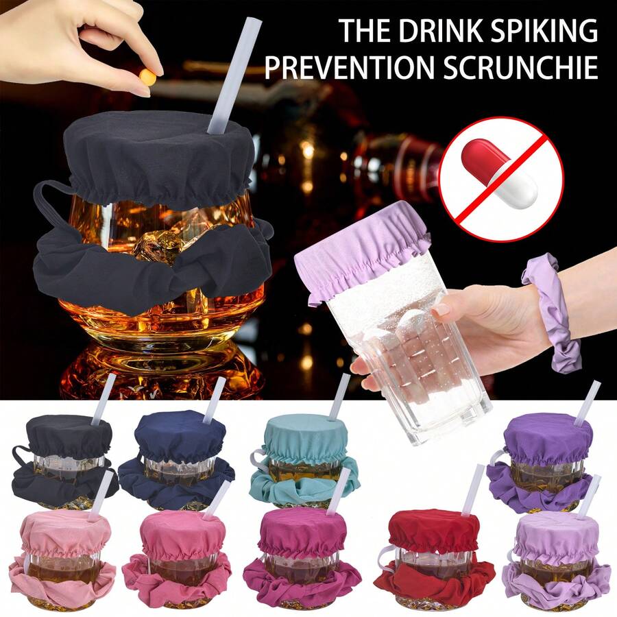 6pcs/3pcs Reusable Alcohol Drink Cup Lids With Straw Hole, Includes Scrunchie Rings, Suitable For Bars, Clubs, Parties, Prevents Foreign Objects, Nylon Cup Lid Scrunchie Set With Drinking Hole - Scrunchie Club Beverage Cup Covers - Multicolor - View 1