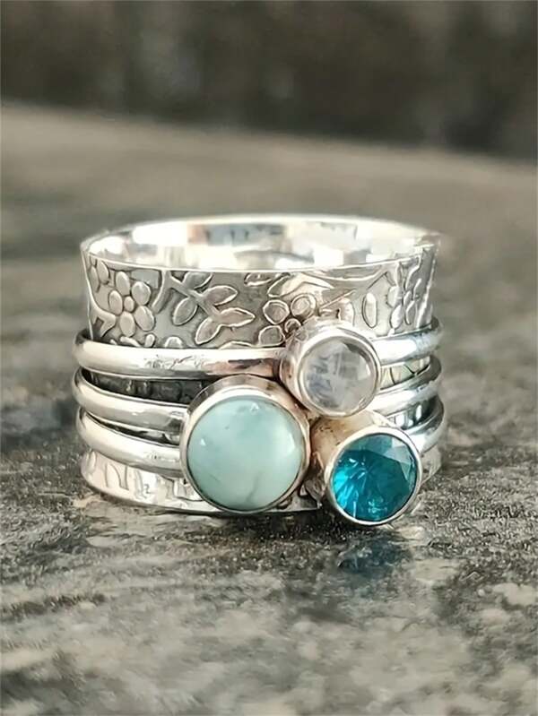 1pc Fashionable Bohemian Style Silver Tone Rhinestone Embellished Ring, Suitable For Women As Memorial Gift Jewelry