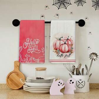 1/2 piezas de toallas de cocina con temática de otoño - Calabaza rosa con diseño "¡Hola otoño!", toalla para cubiertos de poliéster con patrón de hojas de otoño, perfecto para decoración de Acción de Gracias y otoño, adecuado para cocinar y limpiar en la cocina del hogar durante el otoño.