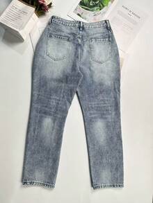 Women's Casual Washed Low Waist Straight Leg Jeans, Autumn - Navy Blue - View 5