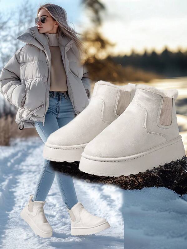 Botas de mujer beige nuevas para otoño/invierno 2025, forradas térmicas, botas gruesas y cálidas, botas cortas, de slip-on, elásticas, con suela gruesa, botas de nieve, con plataforma, de ante, de tubo corto, de punta redonda, sencillas, duraderas, antideslizantes, tallas grandes