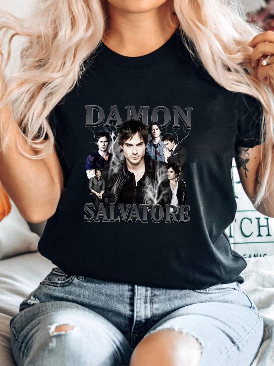 180g Pure Cotton Rare Damon Salvatore Ian Somerhalder T-Shirt New Black All Sizes Tee Streetwear Fashion For Women Versatile Designer Clothes Breathable Slightly Stretchy Soft Casual Unisex Top For Everyday Wear Summer Stylish Graphic Comfortable Men Print Round Neck Short Sleeve