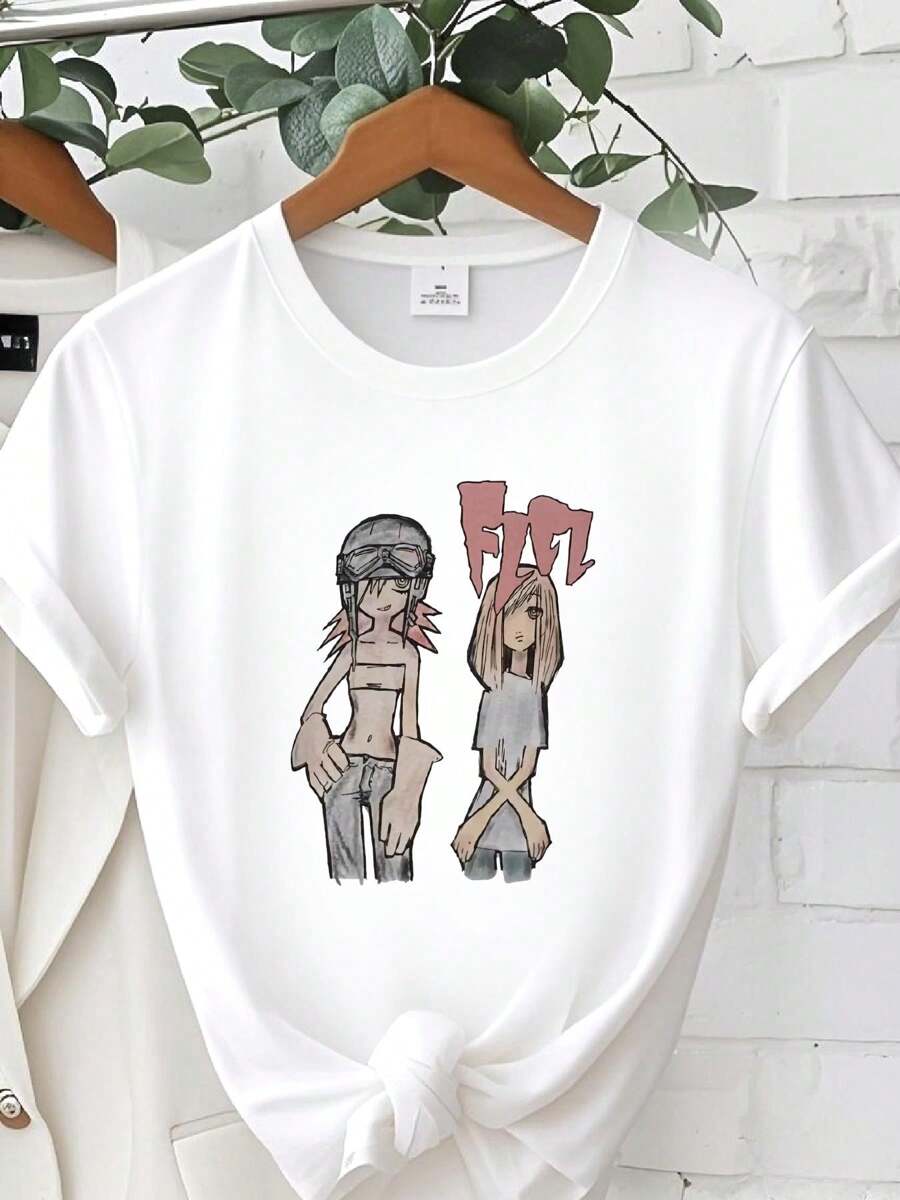 180g Pure Cotton FLCL FOOLY COOLY Haruko X Mamimi UNISEX T Shirt - High Quality Print Unisex Fashion Designer Clothes Top For Everyday Wear Breathable Print Round Neck Short Sleeve Stylish For Men Slightly For Women Streetwear Stretched Casual Versatile Soft Graphic Comfortable Summer - 白色 - 查看 1